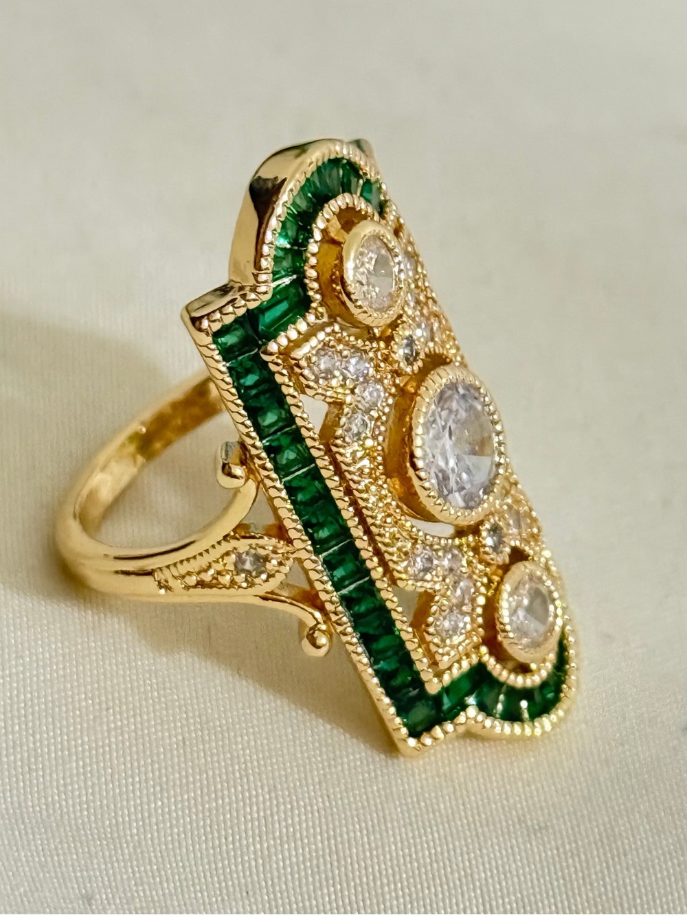 New Art Deco Style Luxury Zircon Stone Gold Tone Emerald Cut Engagement in 7